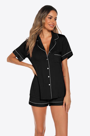 LOUNGEWEAR - Contrast Piping Button Front Top and Shorts Lounge Set - Black -  lemon blonde boutique