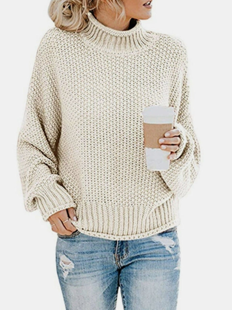 Dropped Shoulder Rolled Hem Sweater - Cream - lemon blonde boutique