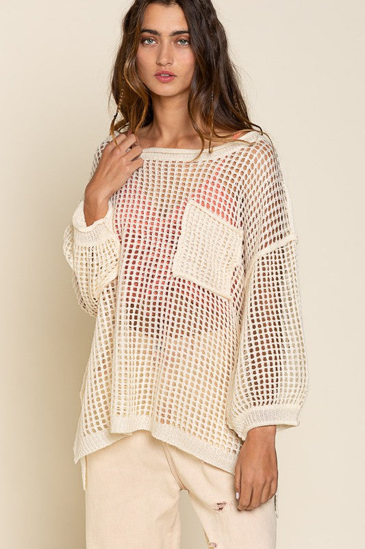 Oversized Fit See-Through Pullover Sweater - Butter Cream - lemon blonde boutique