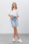 High Rise Frayed Hem Bermuda Denim Shorts - Medium Wash - lemon blonde boutique