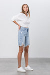 High Rise Frayed Hem Bermuda Denim Shorts - Medium Wash - lemon blonde boutique