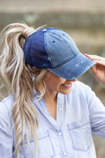 Distressed Messy Bun Hat Cap - Navy - lemon blonde boutique