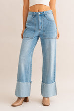 High-Waisted Wide Leg Cuffed Jeans - Light Denim - lemon blonde boutique