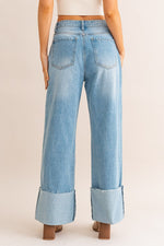 High-Waisted Wide Leg Cuffed Jeans - Light Denim - lemon blonde boutique