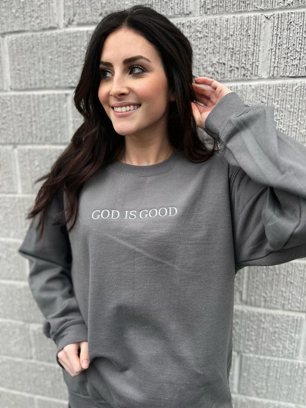 "God Is Good" Sweatshirt - Plus - Charcoal - lemon blonde boutique