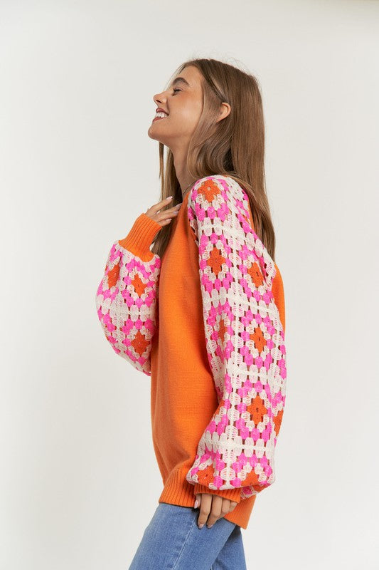 Knit Crochet Detailed Long Sleeve Sweater - Orange - lemon blonde boutique