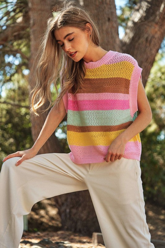 Crochet Multi Striped Pullover Knit Sweater Vest - Light Pink - lemon blonde boutique