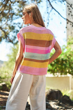 Crochet Multi Striped Pullover Knit Sweater Vest - Light Pink - lemon blonde boutique