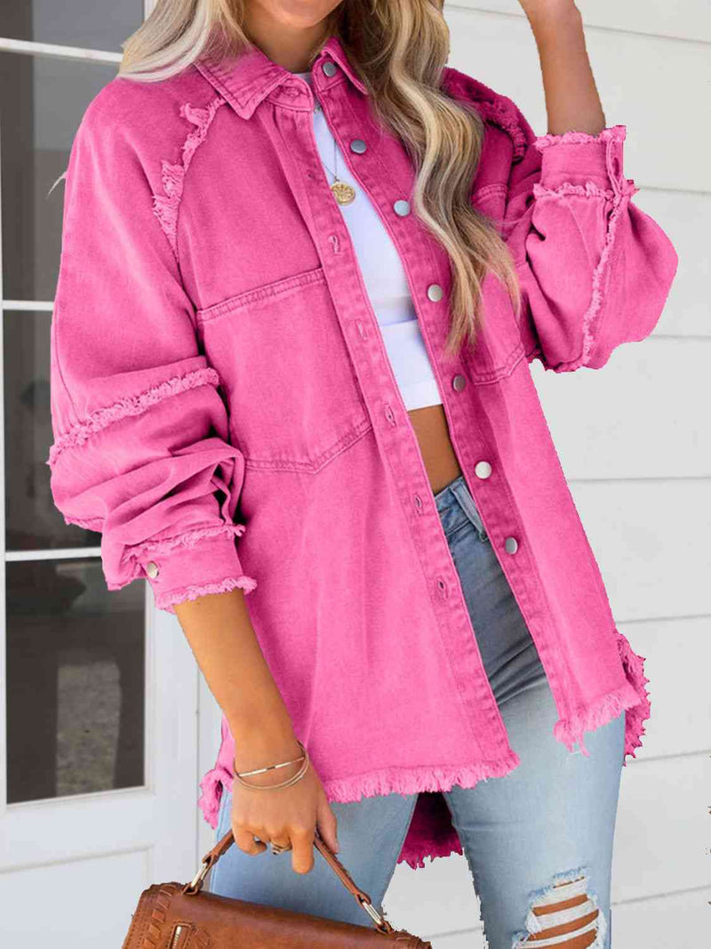 Button Down Raw Hem Denim Jacket in Fuchsia Pink - lemon blonde boutique