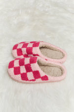 Melody Checkered Print Plush Slide Slippers - Hot Pink - lemon blonde boutique