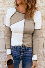 Color Block Exposed Seam Knit Top - white/tan - lemon blonde boutique