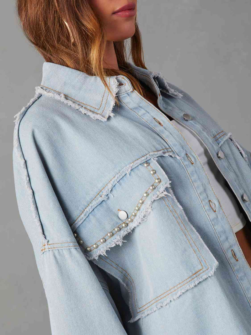 Button Down Raw Hem Denim Jacket in Misty Blue - lemon blonde boutique